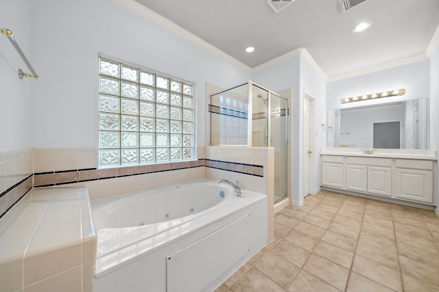 bathroom with tile patterned floors, vanity, crown molding, and plus walk in shower