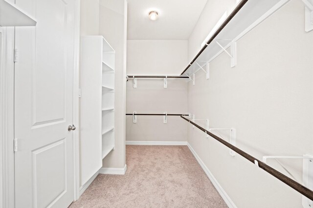 walk in closet featuring light colored carpet