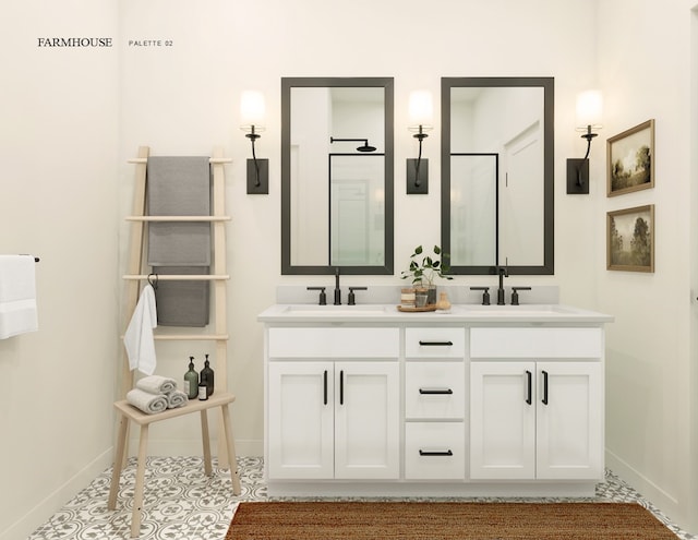 bathroom with a sink, baseboards, and double vanity