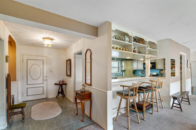 interior space with carpet, a textured ceiling, and sink