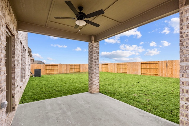 view of patio / terrace with central air condition unit and ceiling fan