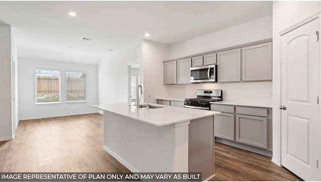 40738 Rosemary Rain Ln, Magnolia, TX 77354 - kitchen featuring gray cabinetry, appliances with stainless steel finishes, a sink, wood finished floors, and a kitchen island with sink
