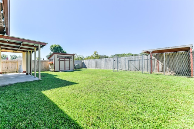 view of yard featuring a storage shed and a patio