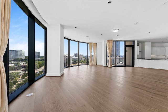 empty room featuring a wealth of natural light, expansive windows, and wood-type flooring