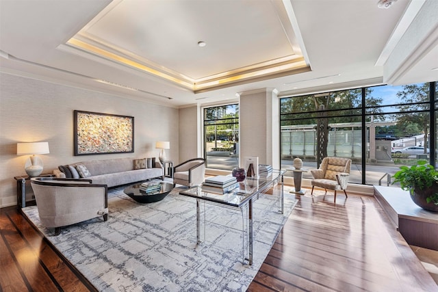 living room featuring hardwood / wood-style floors, a tray ceiling, and floor to ceiling windows