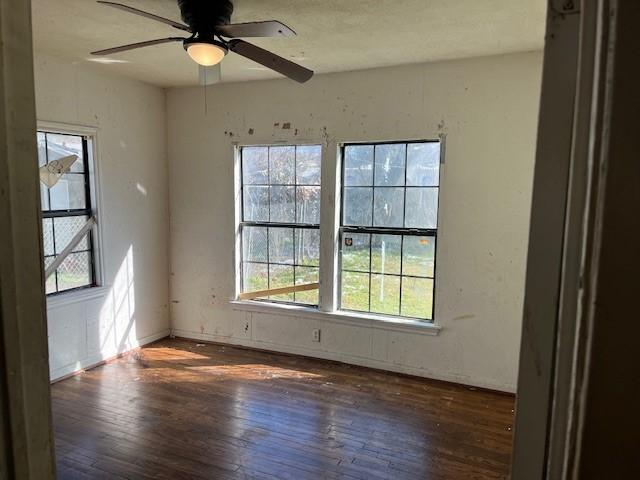 unfurnished room with dark hardwood / wood-style floors and ceiling fan