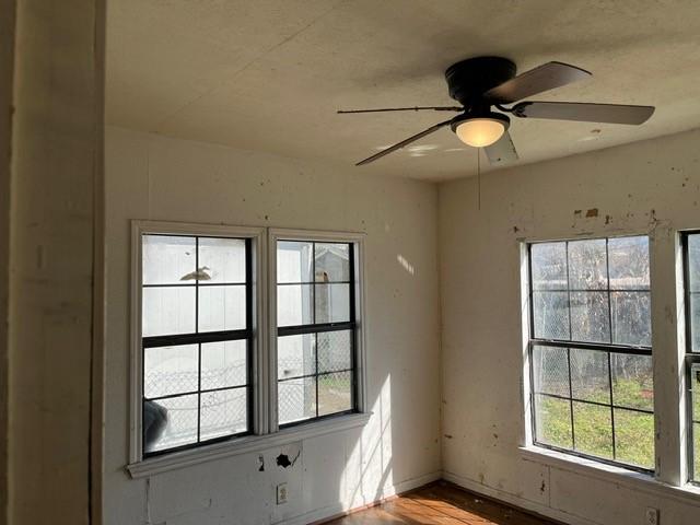 empty room featuring wood-type flooring and ceiling fan