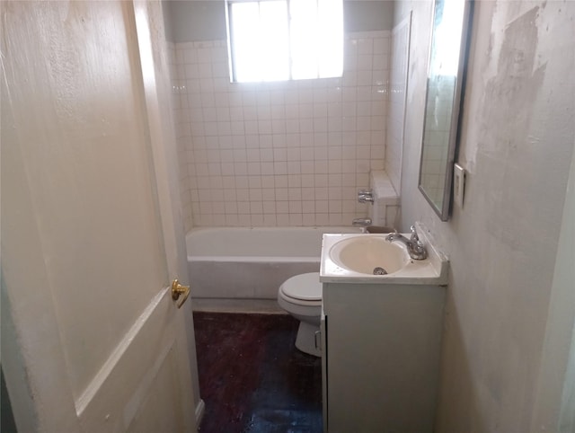 full bath featuring toilet, bathing tub / shower combination, wood finished floors, and vanity