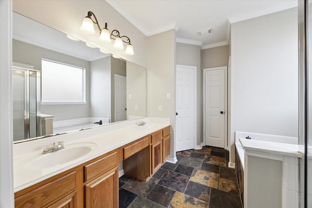 bathroom featuring shower with separate bathtub, vanity, and crown molding