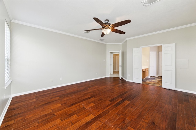 unfurnished bedroom with ornamental molding, ceiling fan, and dark wood-type flooring