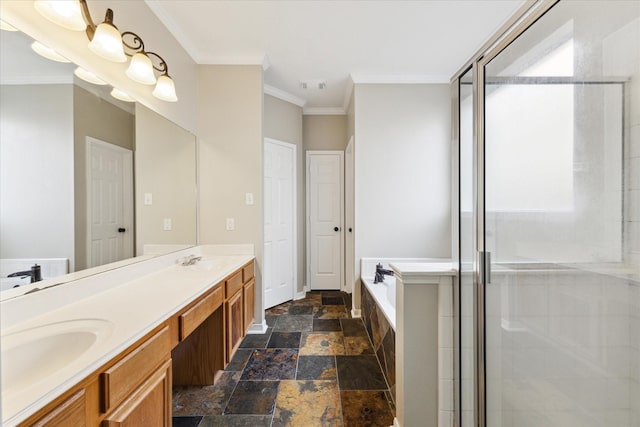 bathroom featuring shower with separate bathtub, vanity, and ornamental molding