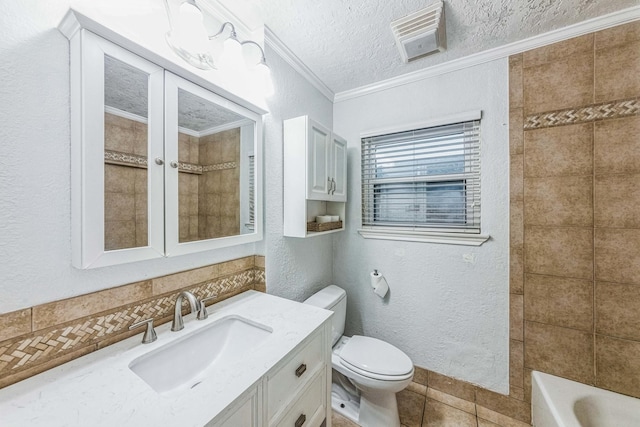 bathroom featuring crown molding, tile patterned flooring, vanity, a textured ceiling, and decorative backsplash