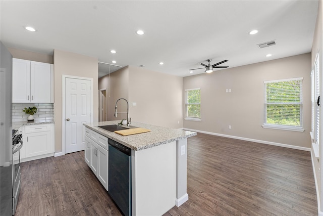 kitchen with white cabinetry, ceiling fan, a kitchen island with sink, and appliances with stainless steel finishes