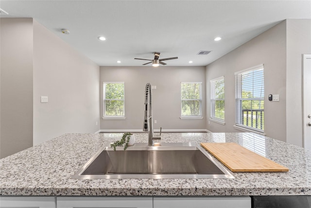 kitchen with ceiling fan, sink, a healthy amount of sunlight, and a center island with sink