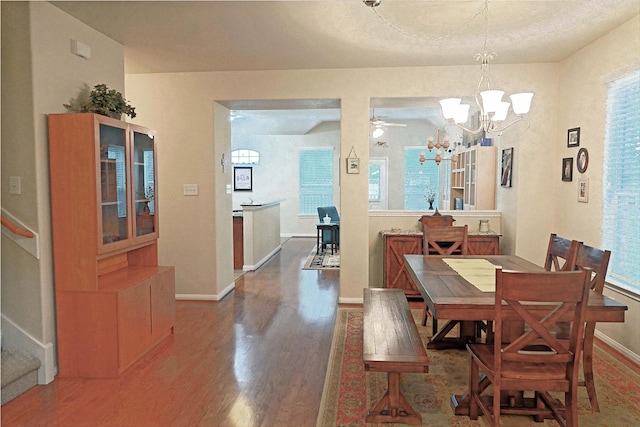 dining area with hardwood / wood-style floors, ceiling fan with notable chandelier, and a healthy amount of sunlight