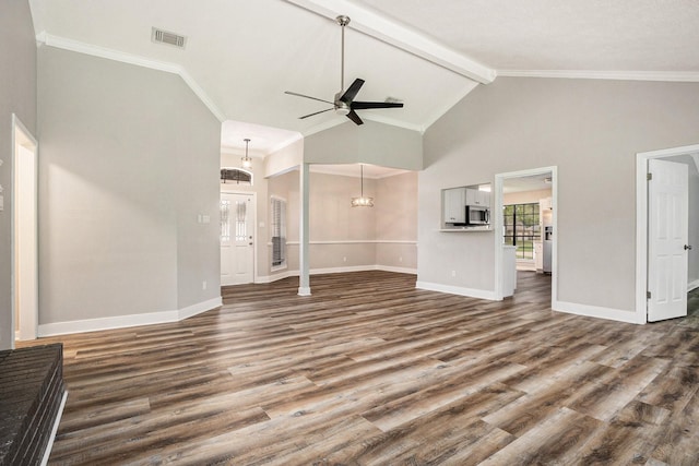 unfurnished living room featuring high vaulted ceiling, beamed ceiling, baseboards, and wood finished floors