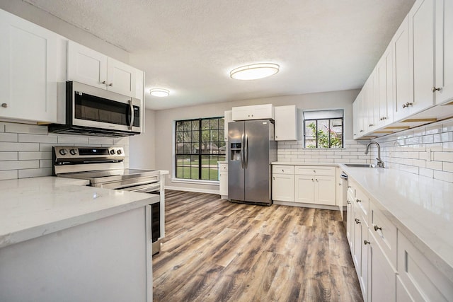 kitchen featuring light wood finished floors, stainless steel appliances, tasteful backsplash, white cabinetry, and a sink