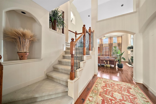 foyer entrance featuring dark wood-type flooring and a high ceiling