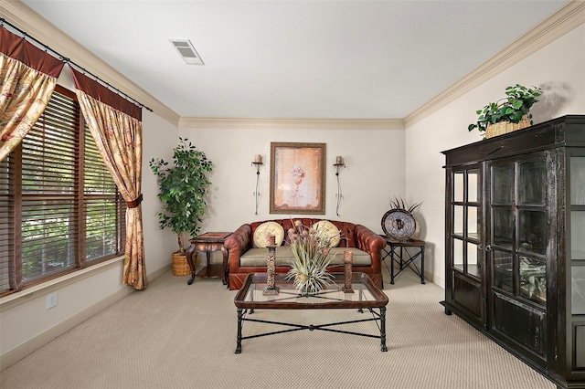 carpeted living room featuring ornamental molding