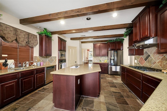 kitchen featuring decorative backsplash, sink, a kitchen island, and stainless steel appliances