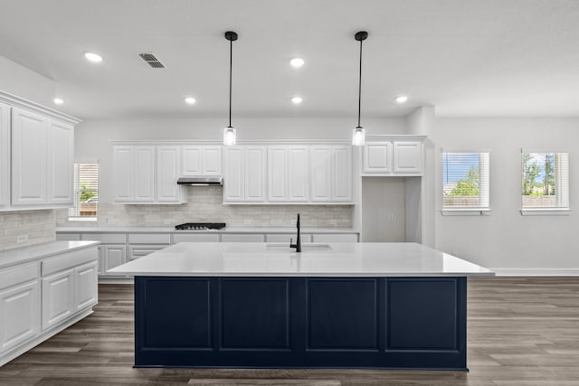 17007 Sweet Iris Ct, Conroe, TX 77302 - kitchen with recessed lighting, a sink, wood finished floors, tasteful backsplash, and white cabinets