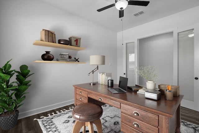 17007 Sweet Iris Ct, Conroe, TX 77302 - home office with wood finished floors, a ceiling fan, and baseboards