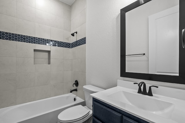 17007 Sweet Iris Ct, Conroe, TX 77302 - full bathroom with toilet, vanity, tub / shower combination, and a textured wall