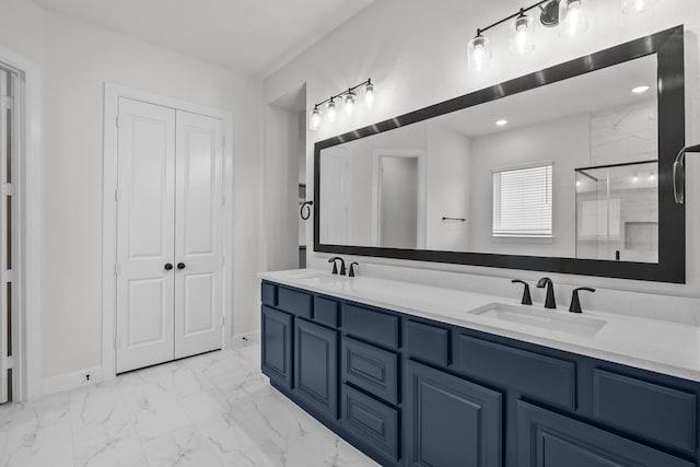 17007 Sweet Iris Ct, Conroe, TX 77302 - bathroom with double vanity, marble look tiles, and a shower with door