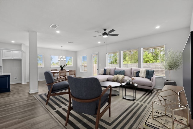 17007 Sweet Iris Ct, Conroe, TX 77302 - living area featuring plenty of natural light, baseboards, recessed lighting, wood finished floors, and a ceiling fan