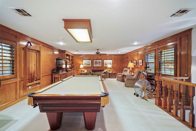 playroom with ceiling fan, billiards, and light colored carpet