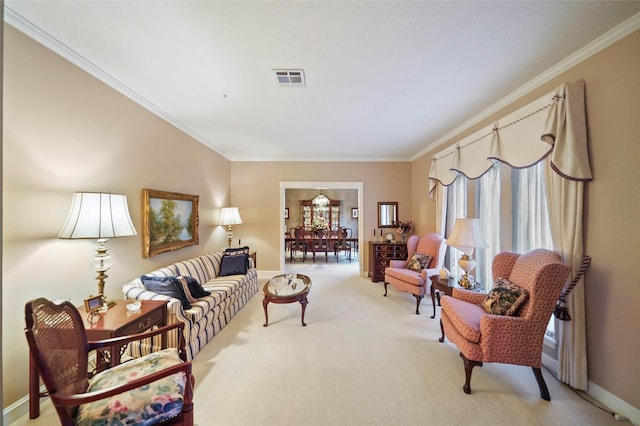 living room with carpet floors, plenty of natural light, and ornamental molding