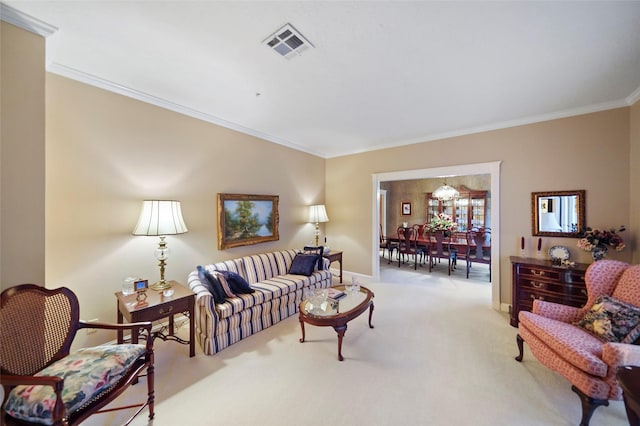 living room with light colored carpet and ornamental molding