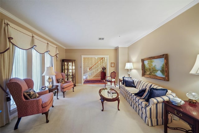 carpeted living room with crown molding