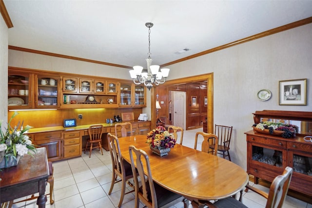 dining area featuring a notable chandelier, light tile patterned flooring, and crown molding