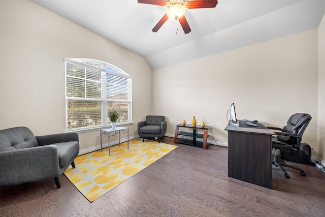 office space featuring ceiling fan, dark hardwood / wood-style flooring, and lofted ceiling