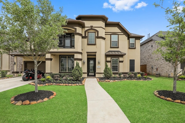 mediterranean / spanish-style house with a balcony, a garage, and a front lawn