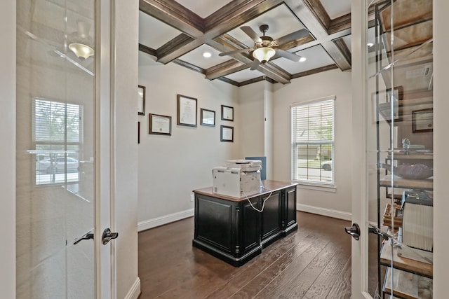 home office featuring french doors, beamed ceiling, dark hardwood / wood-style floors, and coffered ceiling