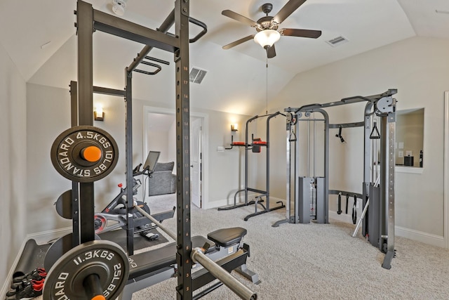 exercise room featuring ceiling fan, lofted ceiling, and light carpet