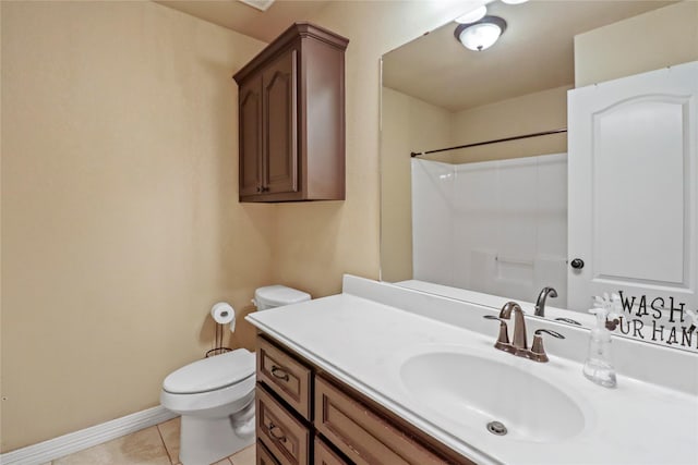 bathroom with tile patterned floors, vanity, toilet, and walk in shower