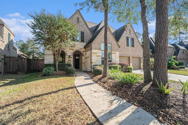 tudor-style house with a front yard and a garage