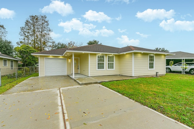 single story home featuring a front yard and a garage