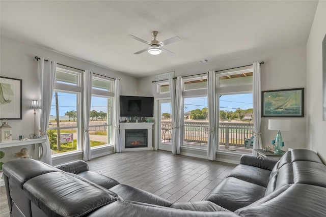 living room featuring ceiling fan