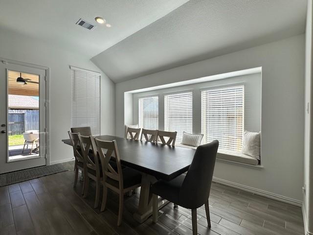 dining space featuring ceiling fan, a healthy amount of sunlight, and lofted ceiling