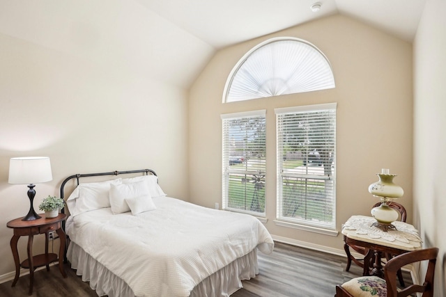 bedroom featuring dark hardwood / wood-style flooring and lofted ceiling