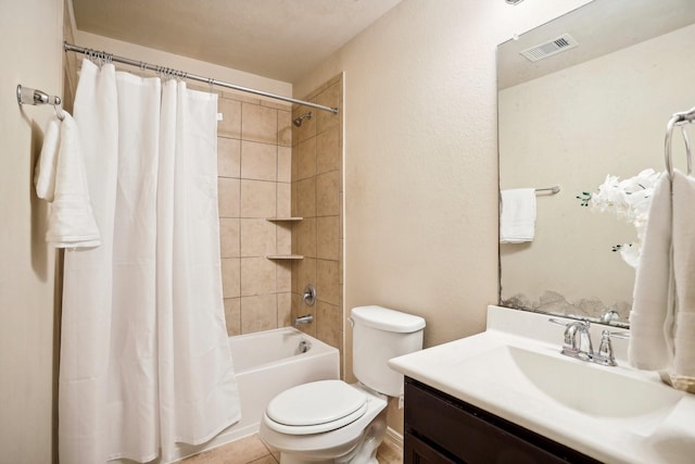 full bathroom featuring toilet, vanity, and shower / tub combo with curtain