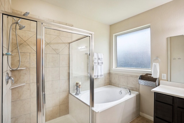 bathroom with vanity and plus walk in shower