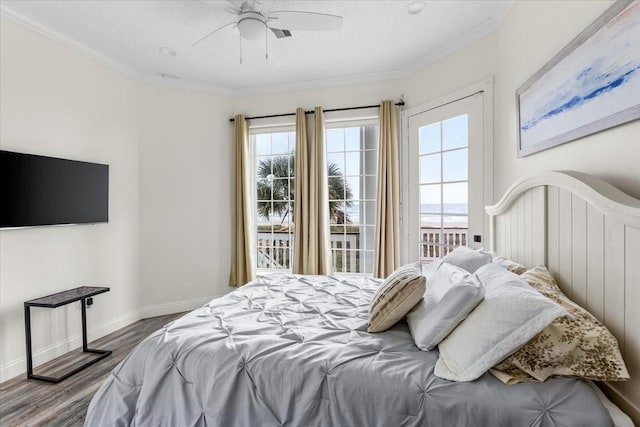 bedroom with ceiling fan, wood-type flooring, ornamental molding, and access to outside