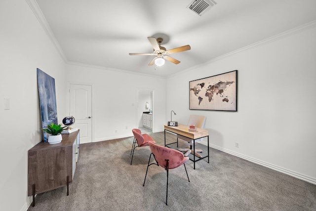 office with dark colored carpet, ceiling fan, and ornamental molding