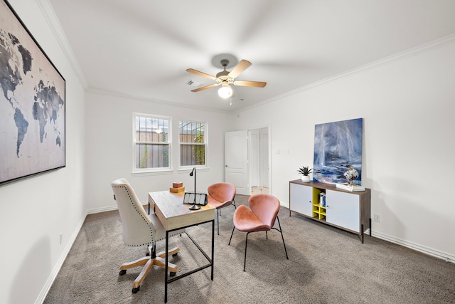 office area with carpet floors, ceiling fan, and ornamental molding