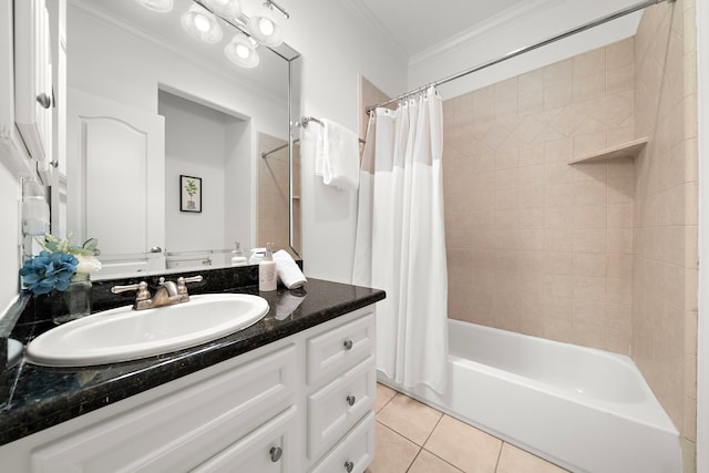 bathroom with shower / bath combination with curtain, vanity, tile patterned floors, and crown molding